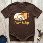 Purr & Sip T-Shirt | Funny Cat Coffee Lover Tee | Cat Mom Morning Gift