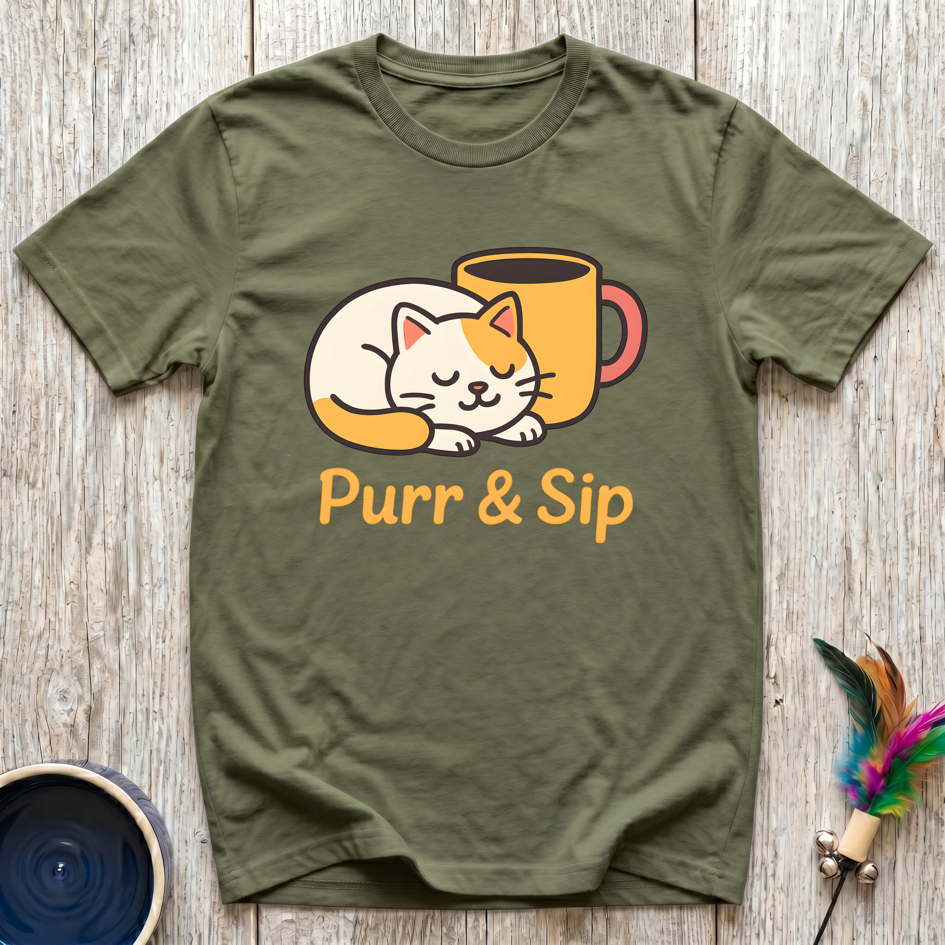 Purr & Sip T-Shirt | Funny Cat Coffee Lover Tee | Cat Mom Morning Gift