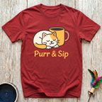 Purr & Sip T-Shirt | Funny Cat Coffee Lover Tee | Cat Mom Morning Gift