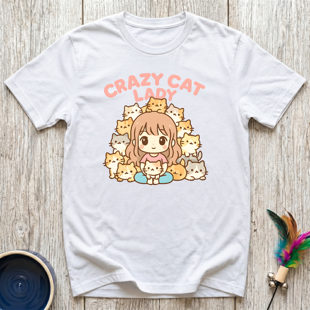 Crazy Cat Lady white t-shirt with adorable kawaii anime girl
surrounded by golden orange and grey cats,
funny cat mom tee and crazy cat lady gift