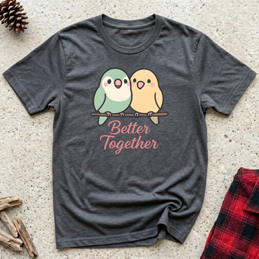 Better Together charcoal t-shirt with adorable kawaii lovebird
pair in sage green and golden yellow with soft coral script,
cute bird lover tee and lovebird parakeet couple gift
