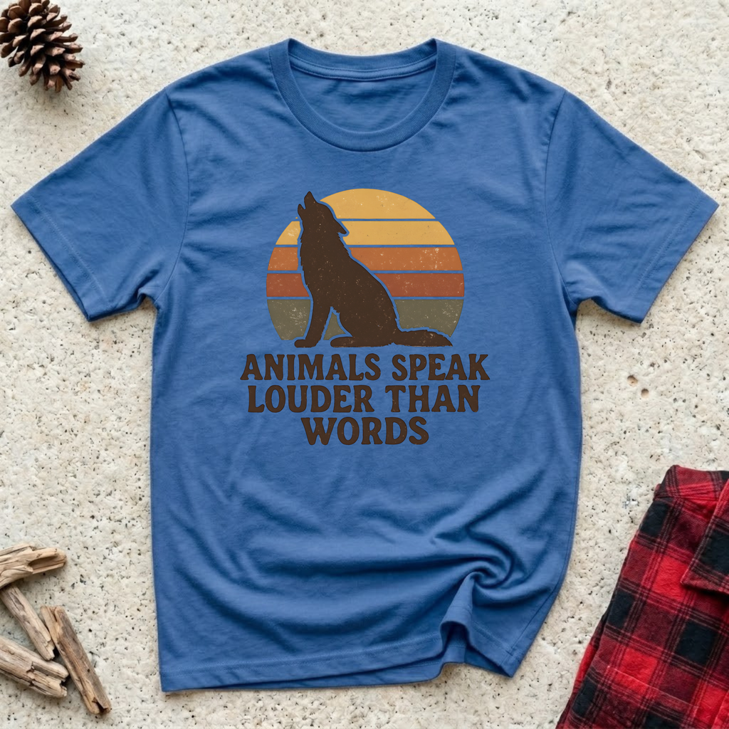 Animals Speak Louder Than Words royal blue t-shirt with wolf
howling against retro layered sunset in rust gold and amber,
powerful animal lover wildlife tee and nature gift