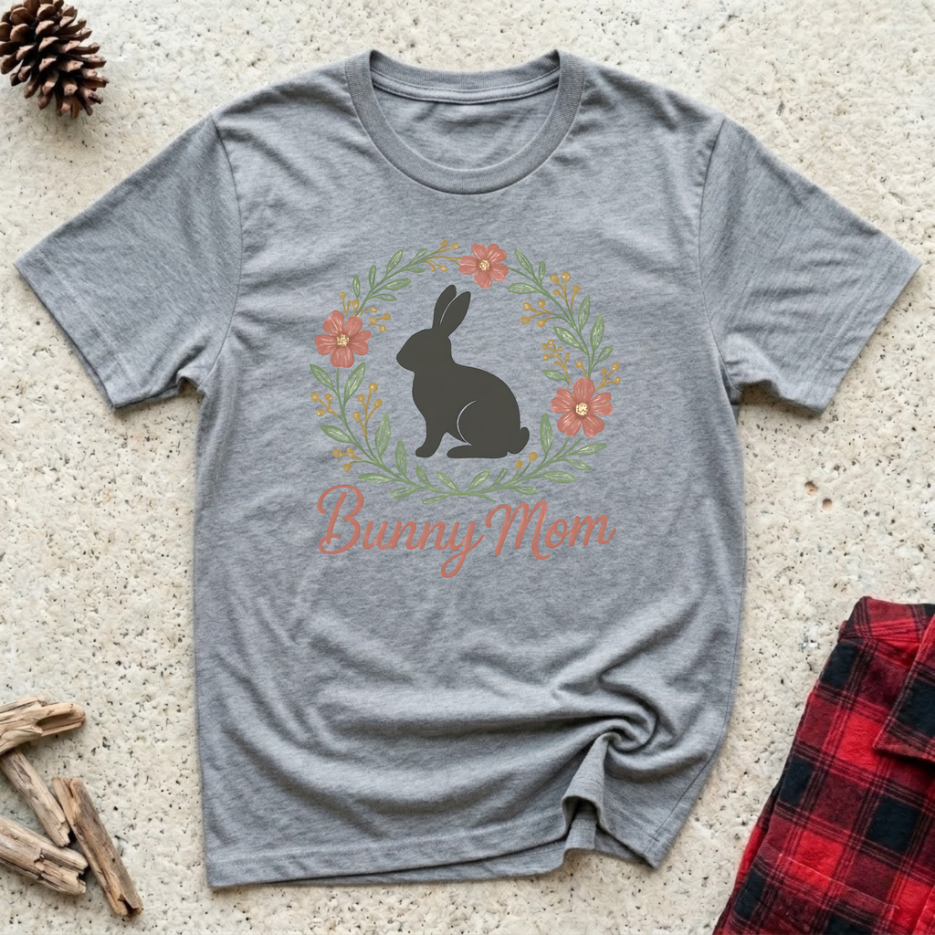 Bunny Mom heather grey t-shirt with dark rabbit silhouette
inside gorgeous floral botanical wreath in coral pink sage green and gold,
beautiful bunny mom tee and easter rabbit mother gift