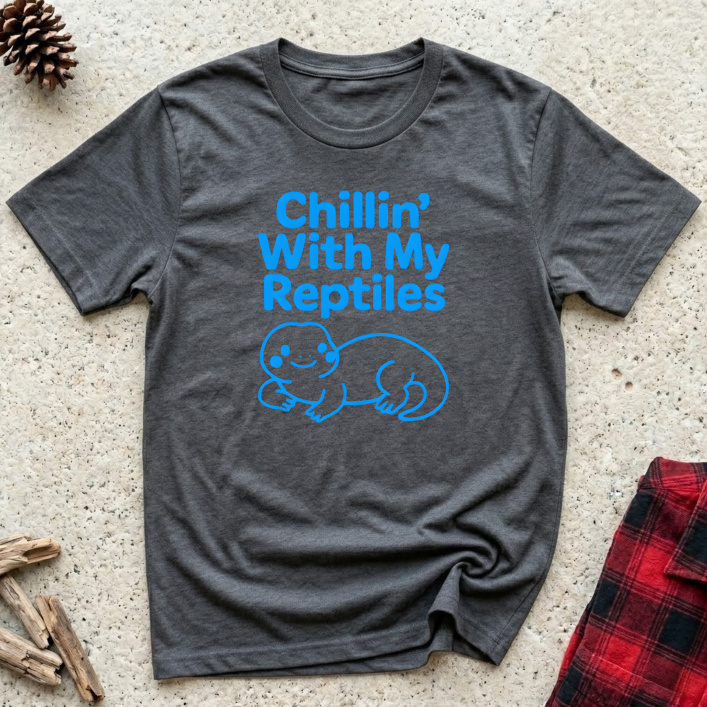 Chillin With My Reptiles charcoal t-shirt with cute sky blue
line art turtle illustration, funny reptile lover tee
and turtle tortoise owner gift