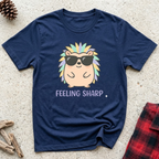 Feeling Sharp navy t-shirt with cool hedgehog wearing sunglasses
and rainbow mohawk spines, funny hedgehog lover tee
and bold hedgehog owner gift