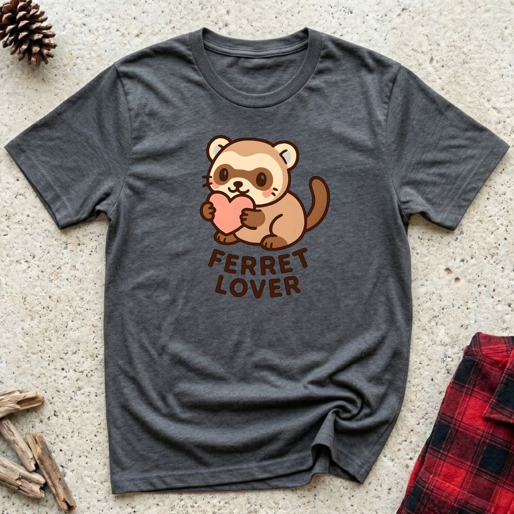 Ferret Lover charcoal t-shirt with adorable kawaii ferret
hugging pink heart in warm brown and cream tones,
cute ferret owner tee and ferret mom dad gift