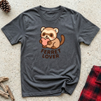 Ferret Lover charcoal t-shirt with adorable kawaii ferret
hugging pink heart in warm brown and cream tones,
cute ferret owner tee and ferret mom dad gift