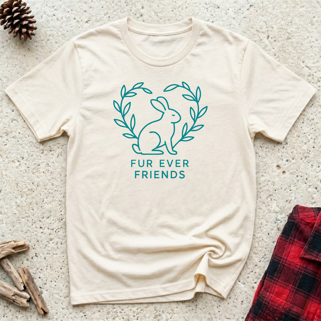Fur Ever Friends cream t-shirt with elegant teal botanical
wreath forming heart around sweet rabbit silhouette,
beautiful bunny lover tee and rabbit mom best friend gift