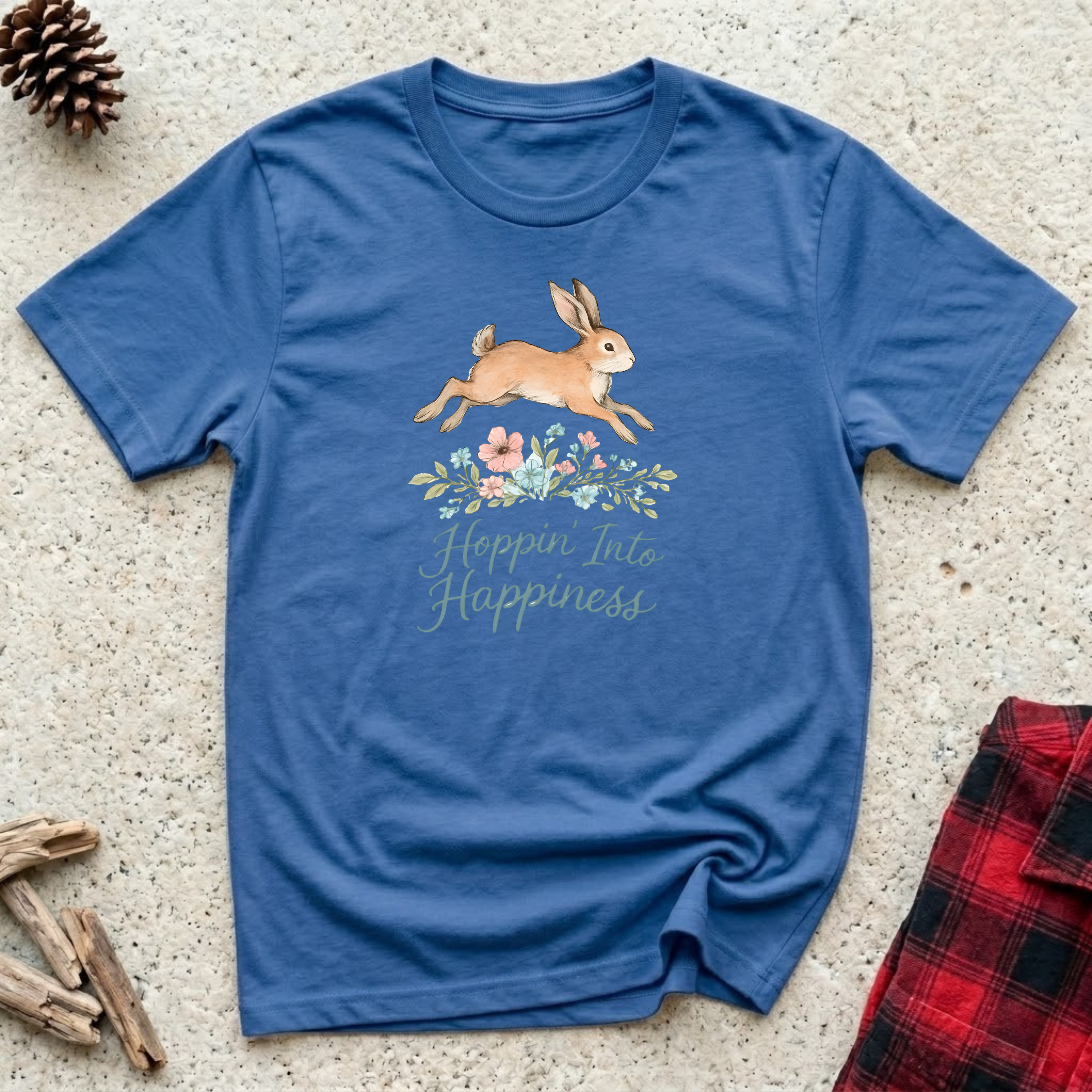 Hoppin Into Happiness blue t-shirt with stunning watercolor
leaping rabbit over delicate botanical florals in pink sage and gold,
beautiful bunny lover tee and easter rabbit gift
