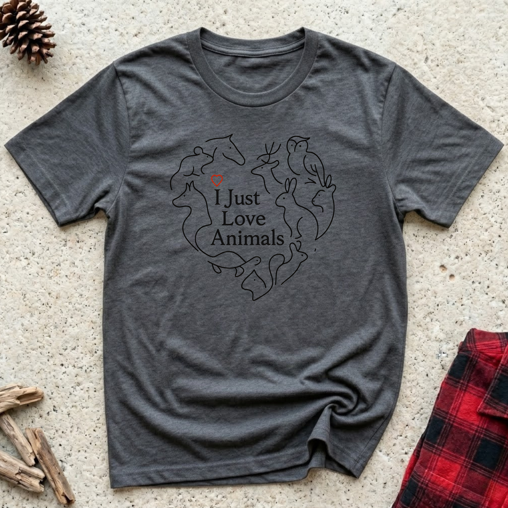 I Just Love Animals charcoal t-shirt with beautiful circular
line art wreath of multiple animal silhouettes including horse
bird rabbit cat and dog, universal animal lover tee and gift