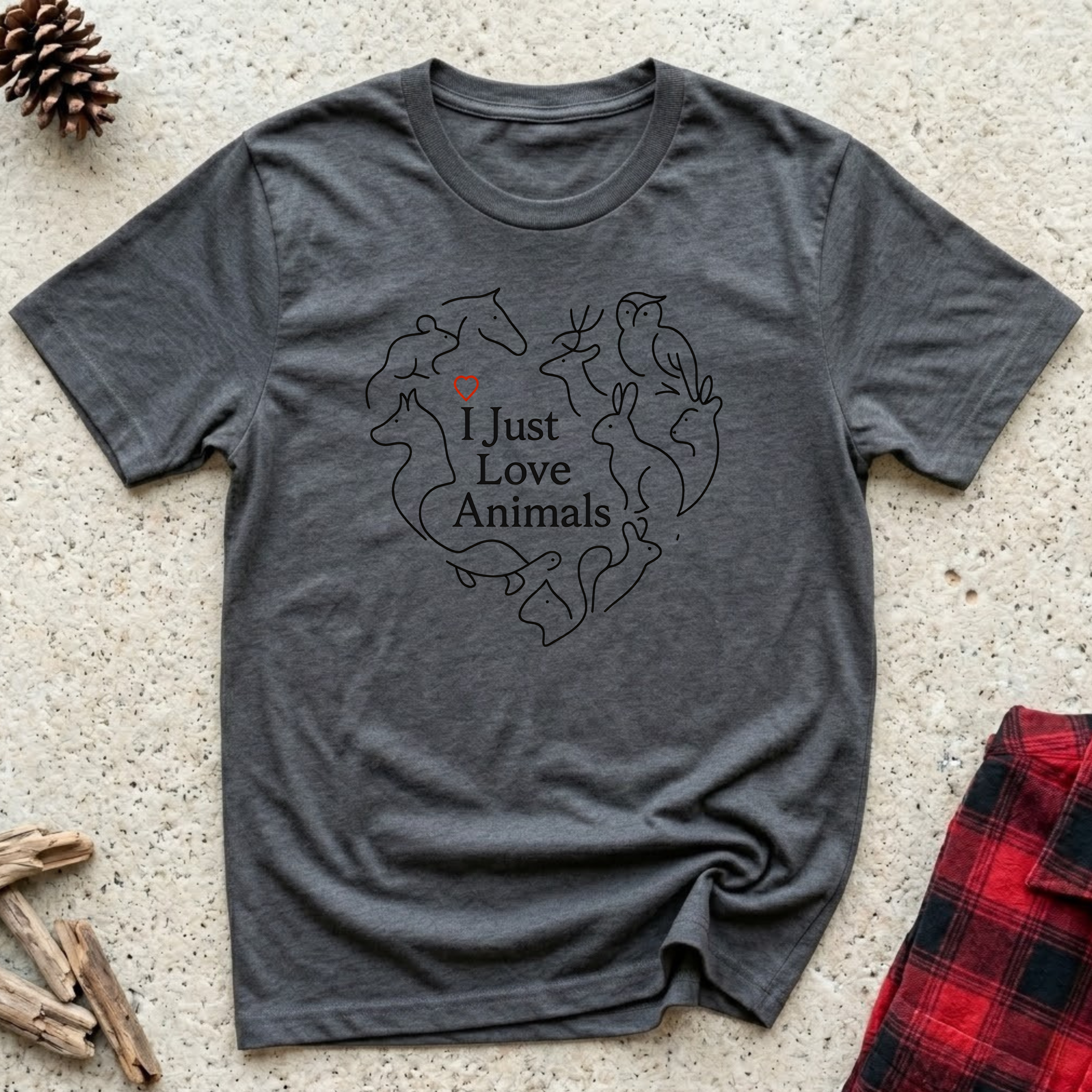 I Just Love Animals charcoal t-shirt with beautiful circular
line art wreath of multiple animal silhouettes including horse
bird rabbit cat and dog, universal animal lover tee and gift
