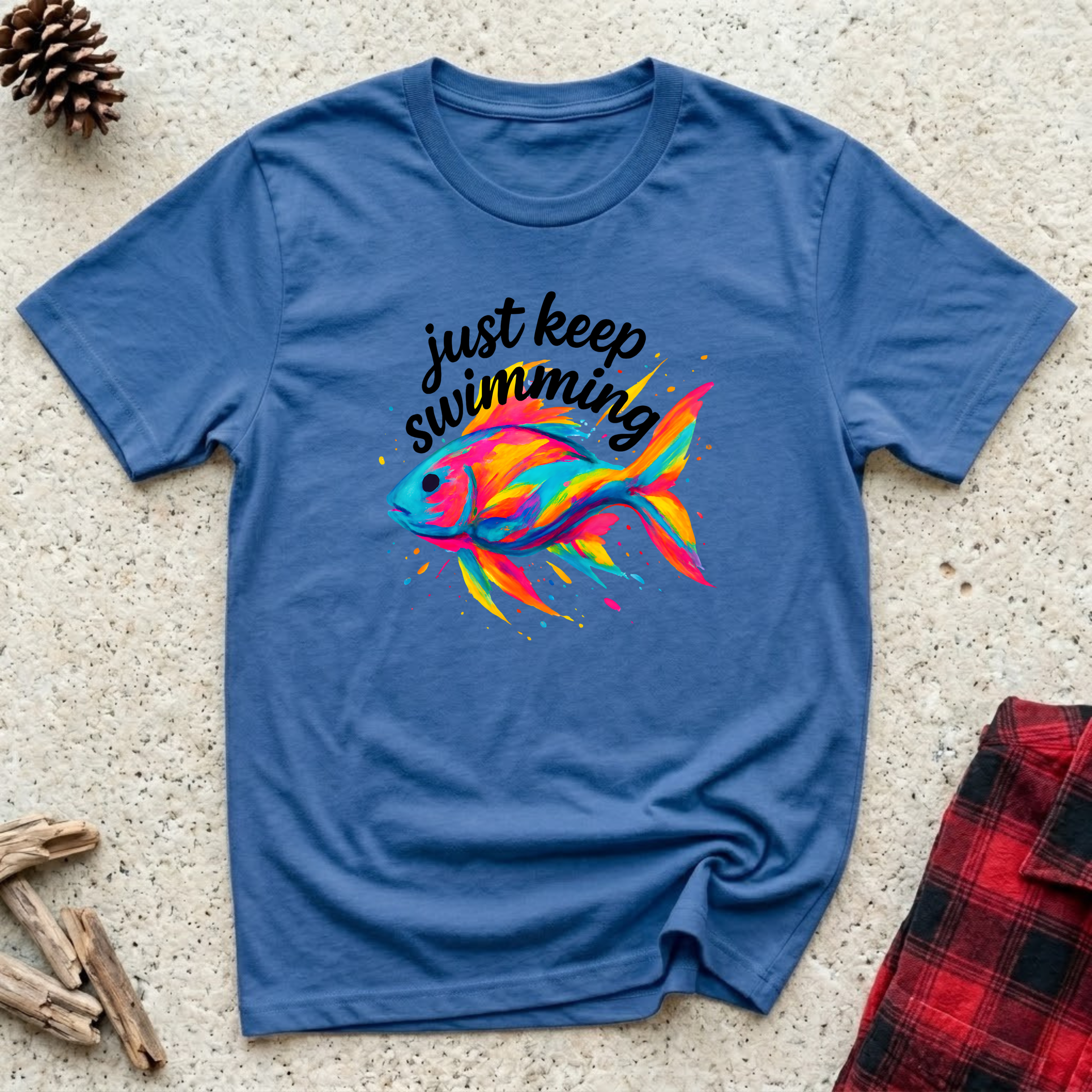 Just Keep Swimming blue t-shirt with stunning rainbow tropical
fish illustration in neon pink orange teal and blue,
funny fish lover tee and aquarium owner gift