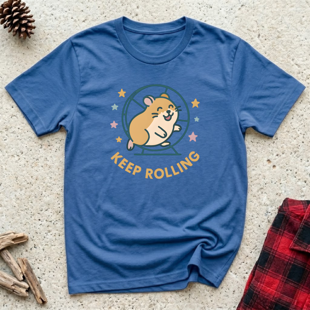 Keep Rolling blue t-shirt with happy kawaii hamster running
in wheel surrounded by stars in gold teal and pink,
funny hamster lover tee and motivational small pet gift