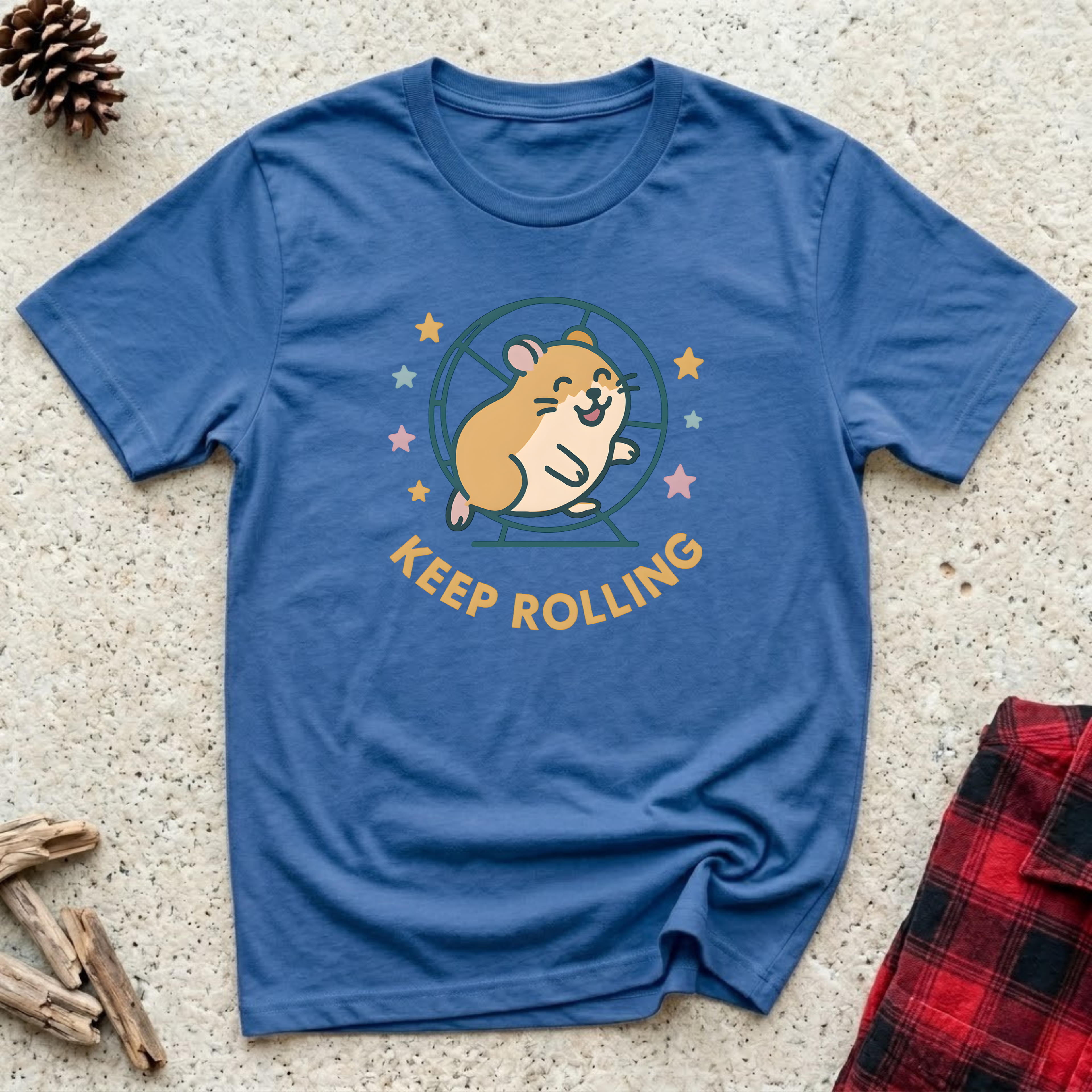 Keep Rolling blue t-shirt with happy kawaii hamster running
in wheel surrounded by stars in gold teal and pink,
funny hamster lover tee and motivational small pet gift