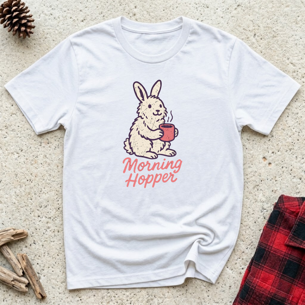 Morning Hopper white t-shirt with vintage style bunny holding
a coffee mug in cream and coral tones, funny rabbit lover tee
and bunny owner gift