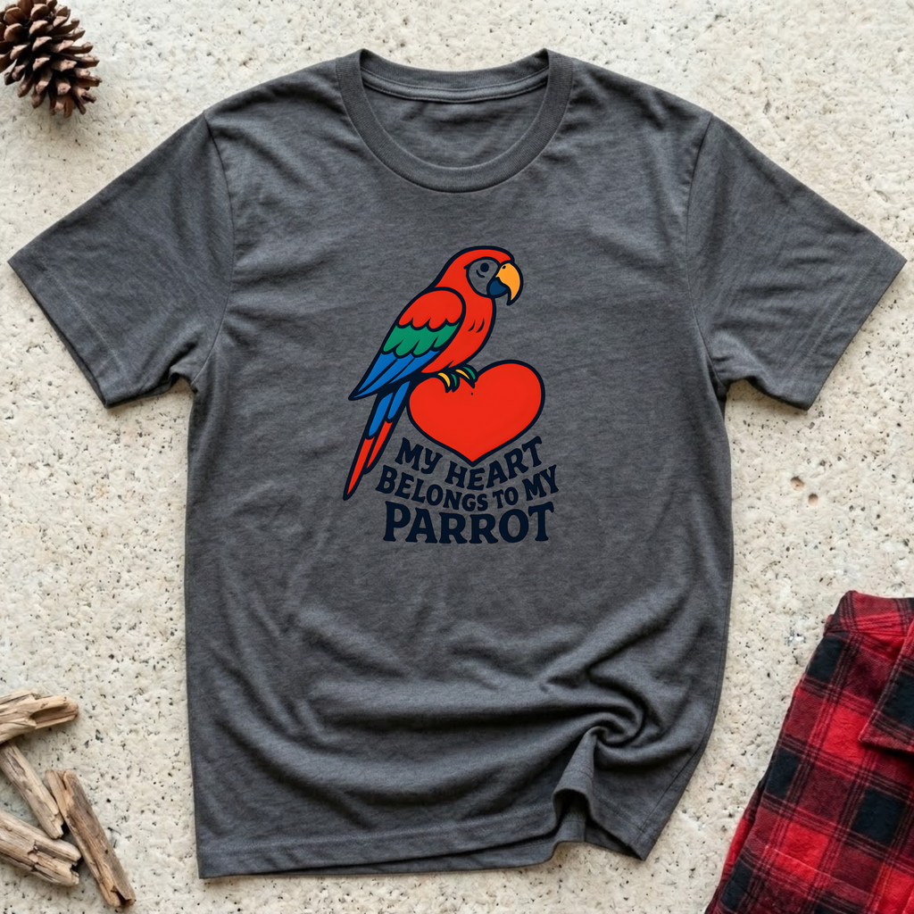 My Heart Belongs to My Parrot charcoal t-shirt with scarlet
macaw perched on red heart, emotional parrot lover tee and bird owner gift