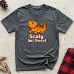 Scaly but Sweet charcoal t-shirt with cute bearded dragon
illustration in orange and gold, funny beardie lover tee and reptile owner gift
