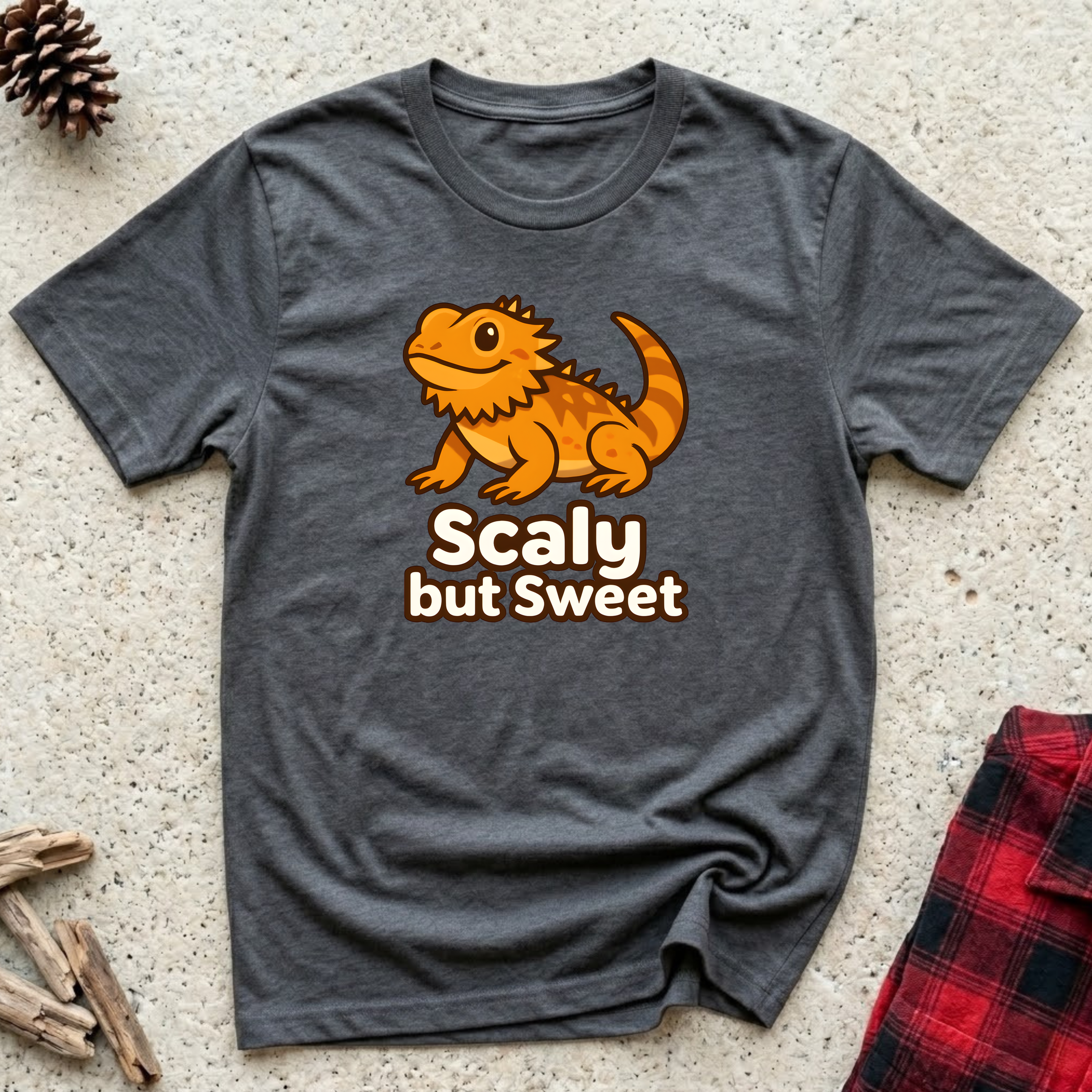 Scaly but Sweet charcoal t-shirt with cute bearded dragon
illustration in orange and gold, funny beardie lover tee and reptile owner gift