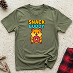 Snack Buddy olive green t-shirt with cute kawaii hamster holding
a donut in orange teal and yellow, funny hamster lover tee and hamster owner gift