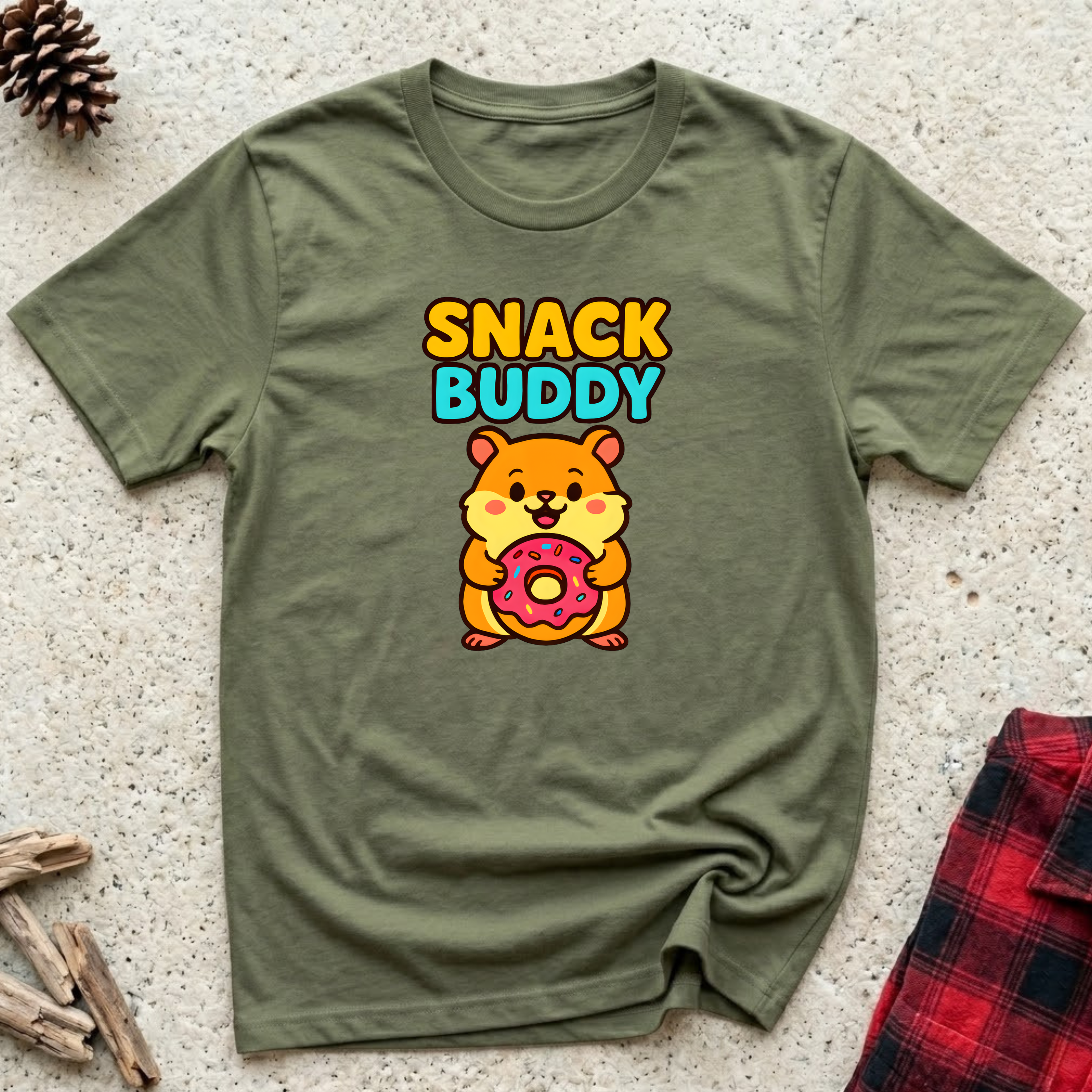 Snack Buddy olive green t-shirt with cute kawaii hamster holding
a donut in orange teal and yellow, funny hamster lover tee and hamster owner gift