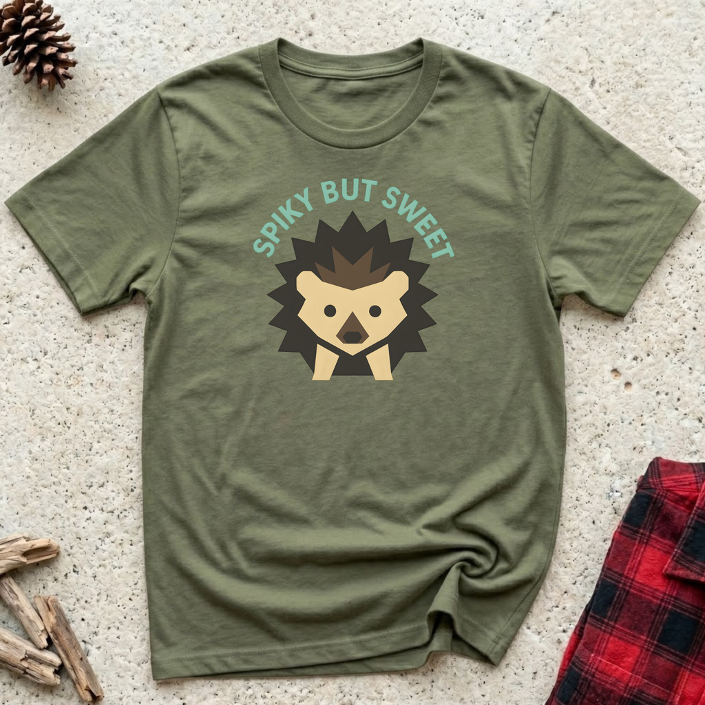 Spiky But Sweet olive green t-shirt with cute hedgehog illustration
in teal and tan, funny hedgehog lover tee and hedgehog owner gift