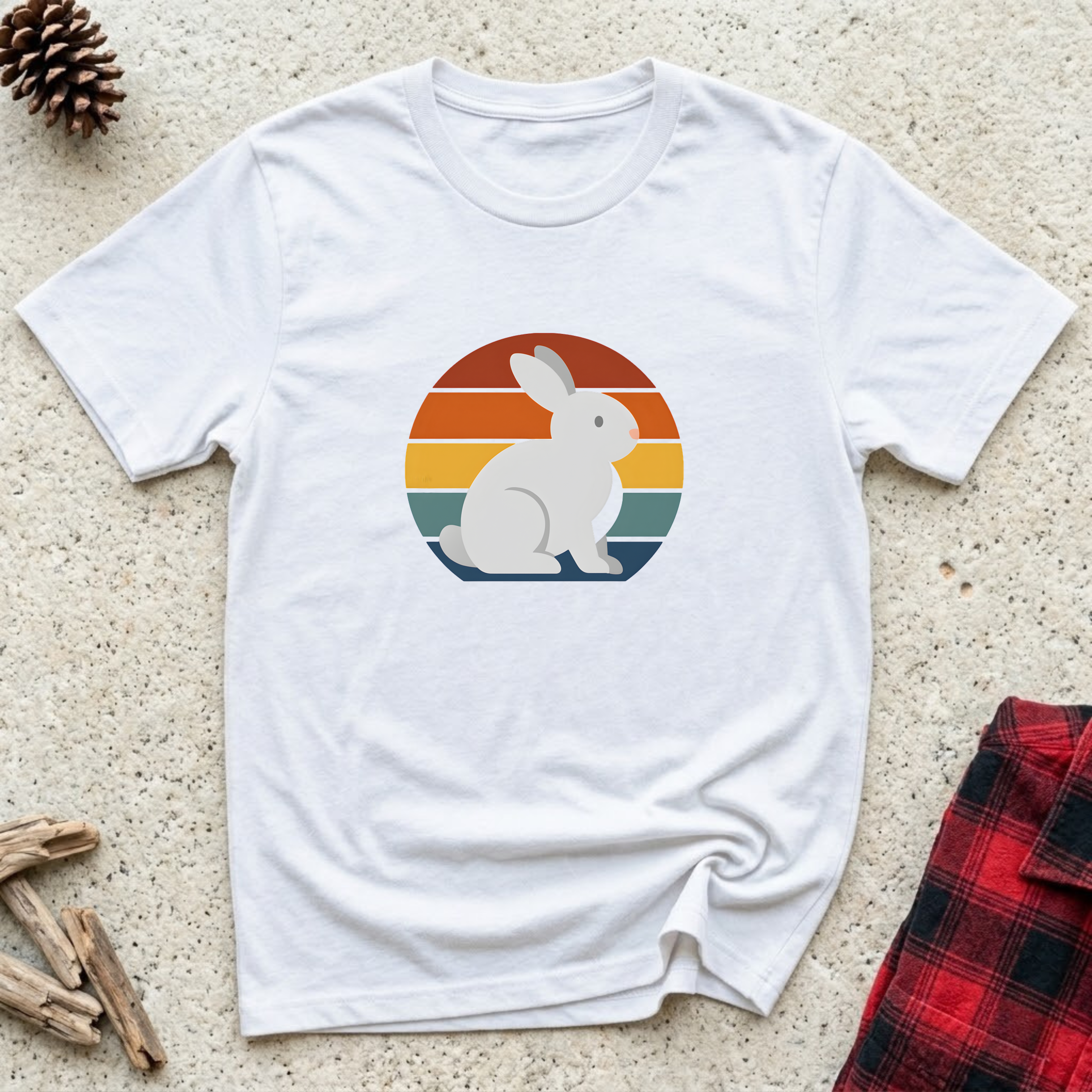 Retro Rabbit white t-shirt with bunny silhouette on vintage
sunset circle in warm autumn tones, cute rabbit lover tee and bunny owner gift mom gift dad gift