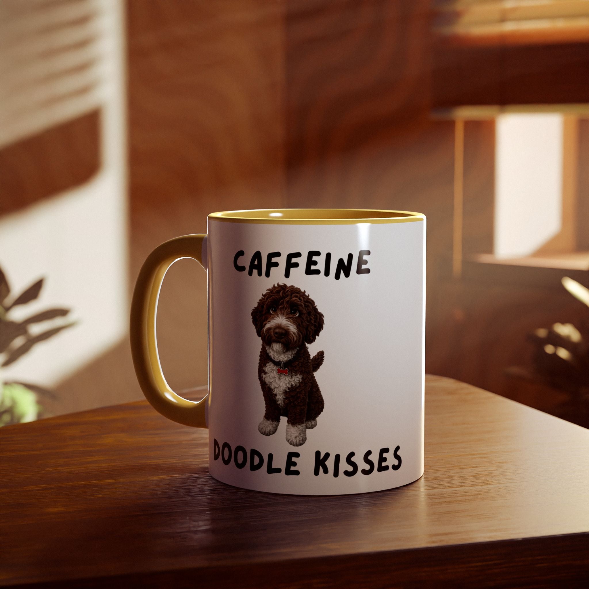 Caffeine & Doodle Kisses Mug — 11oz Accent Coffee Cup with Brown & White Doodle Design