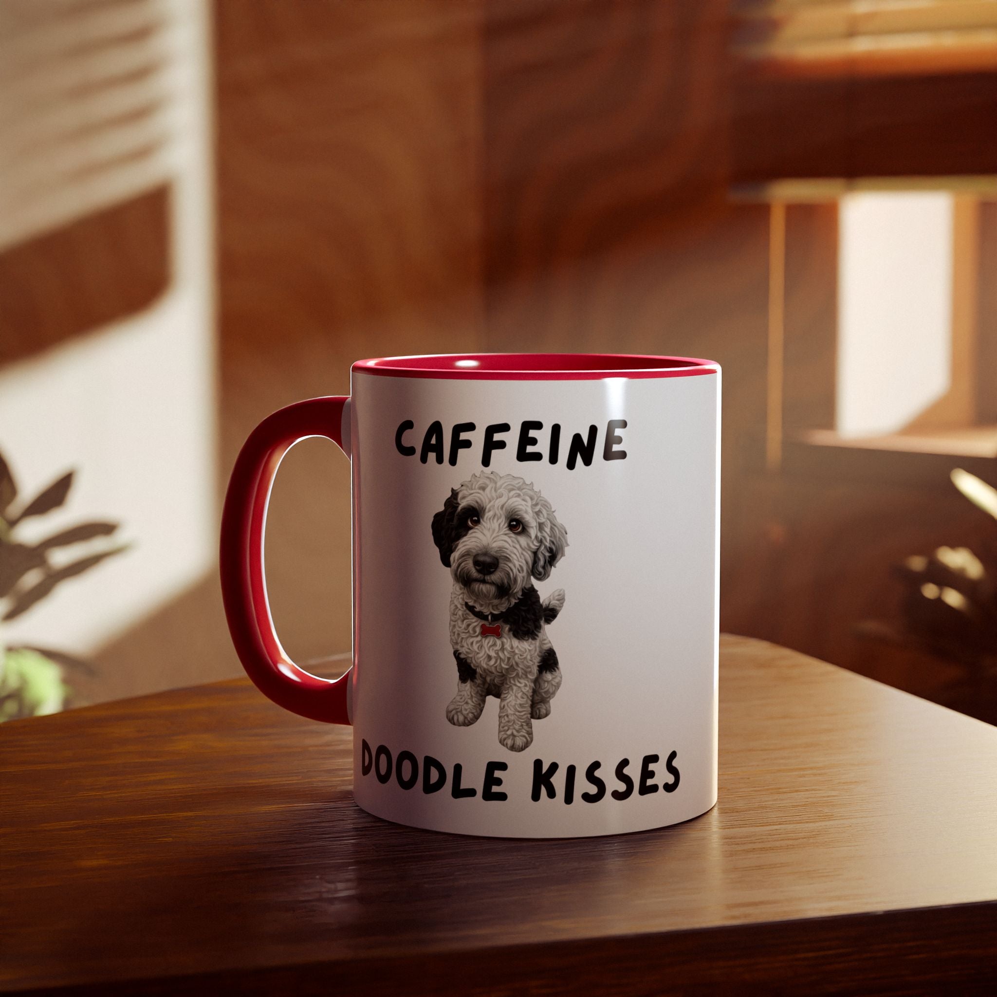 Caffeine & Doodle Kisses Mug — 11oz Accent Coffee Cup with Brown & White Doodle Design
