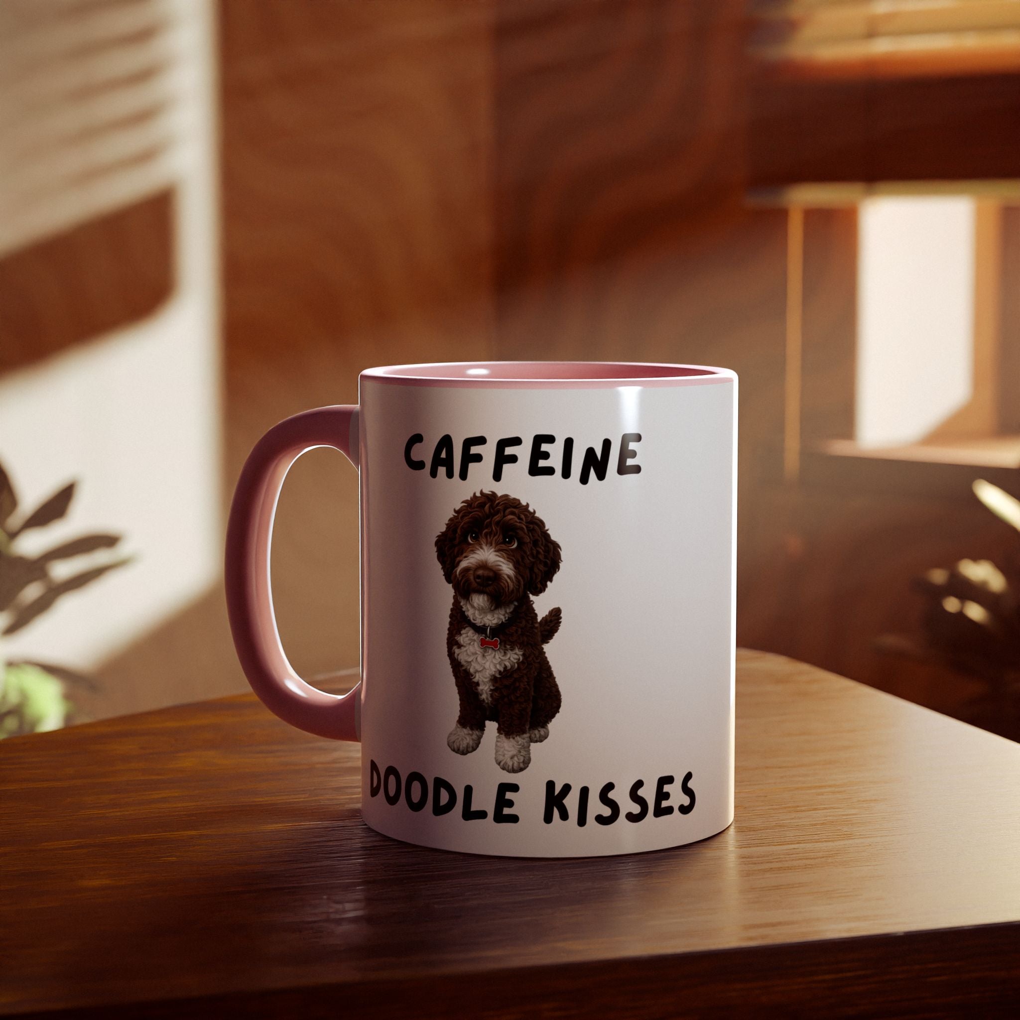 Caffeine & Doodle Kisses Mug — 11oz Accent Coffee Cup with Brown & White Doodle Design