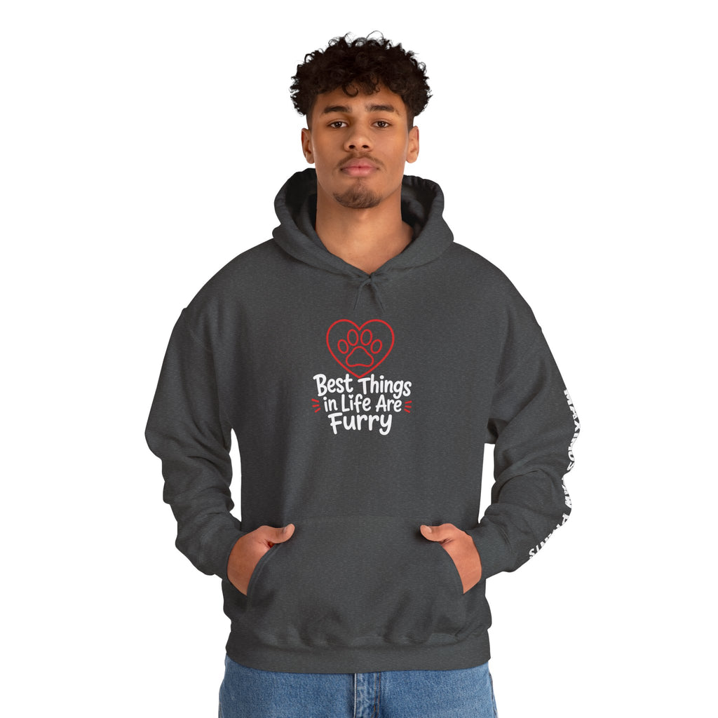 Best Things in Life Are Furry charcoal hoodie with red paw
print heart design, funny pet lover sweatshirt for dog and cat parents