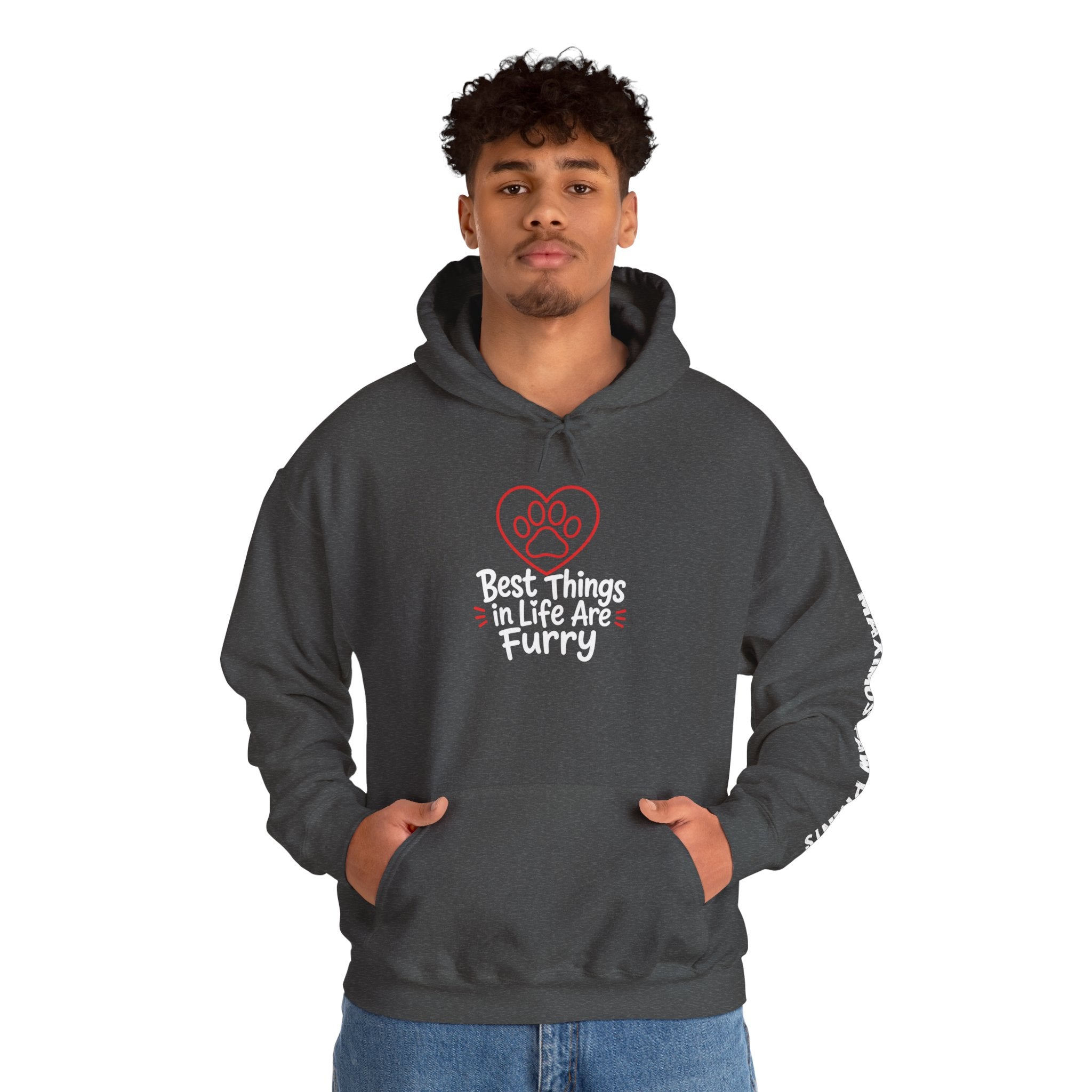 Best Things in Life Are Furry charcoal hoodie with red paw
print heart design, funny pet lover sweatshirt for dog and cat parents