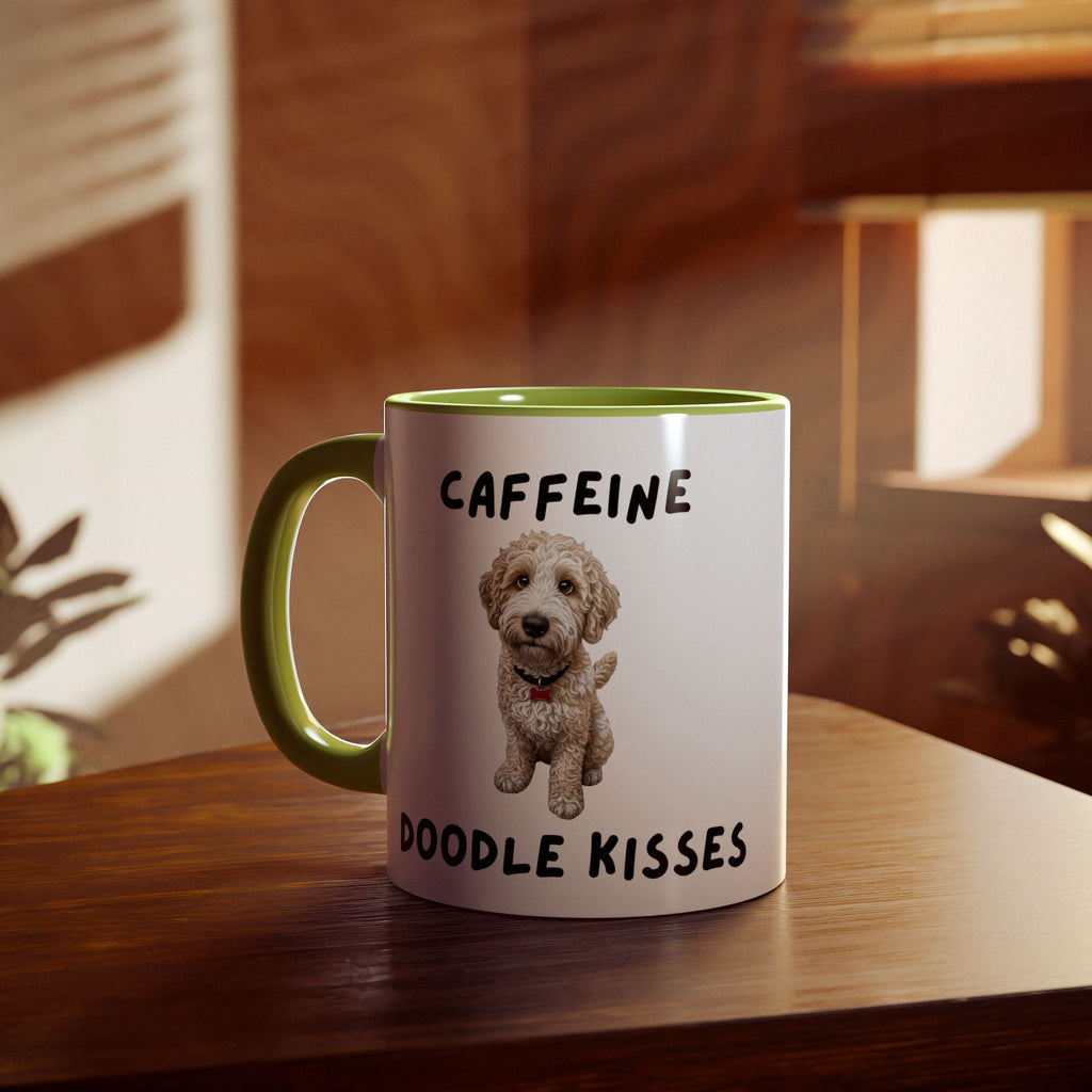 Caffeine & Doodle Kisses Mug — 11oz Accent Coffee Cup with Cream & White Doodle Design