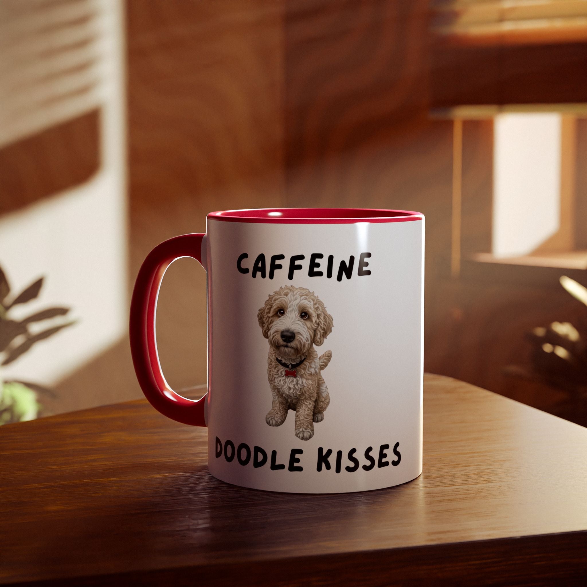 Caffeine & Doodle Kisses Mug — 11oz Accent Coffee Cup with Cream & White Doodle Design