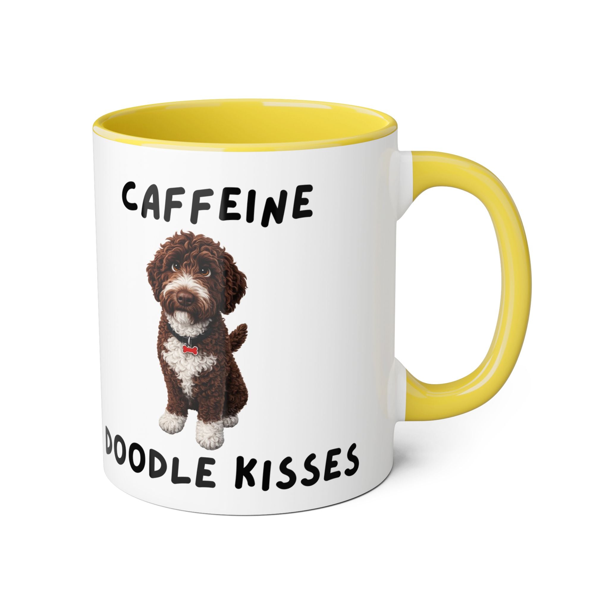 Caffeine & Doodle Kisses Mug — 11oz Accent Coffee Cup with Brown & White Doodle Design