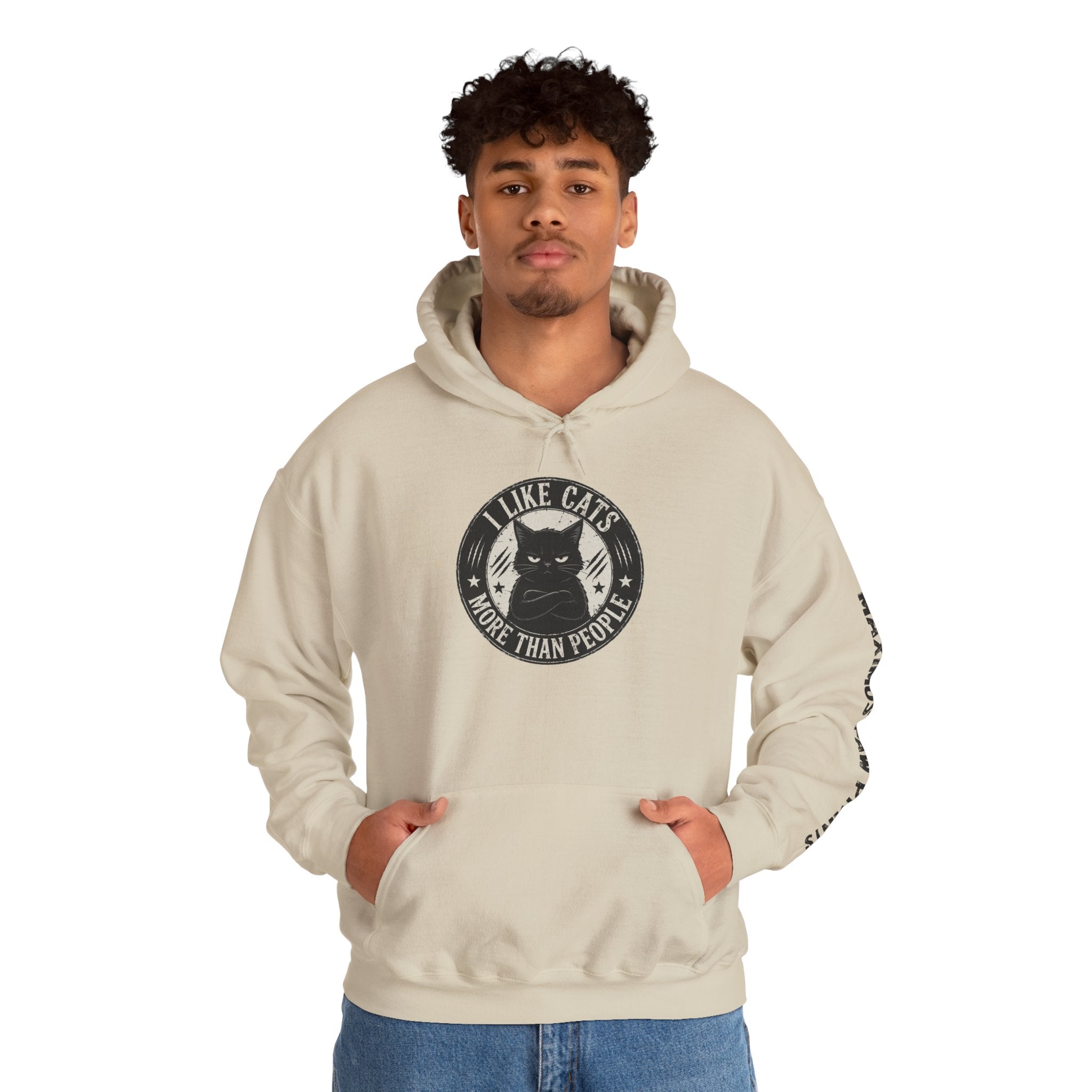 I Like Cats More Than People hoodie with bold badge design,
funny cat lover sweatshirt and perfect gift for cat moms