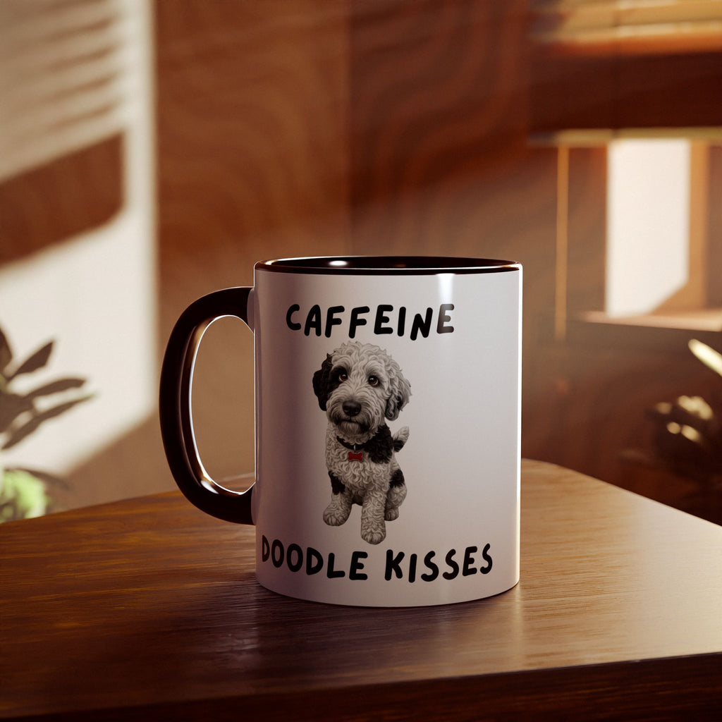 Caffeine & Doodle Kisses Mug — 11oz Accent Coffee Cup with Brown & White Doodle Design