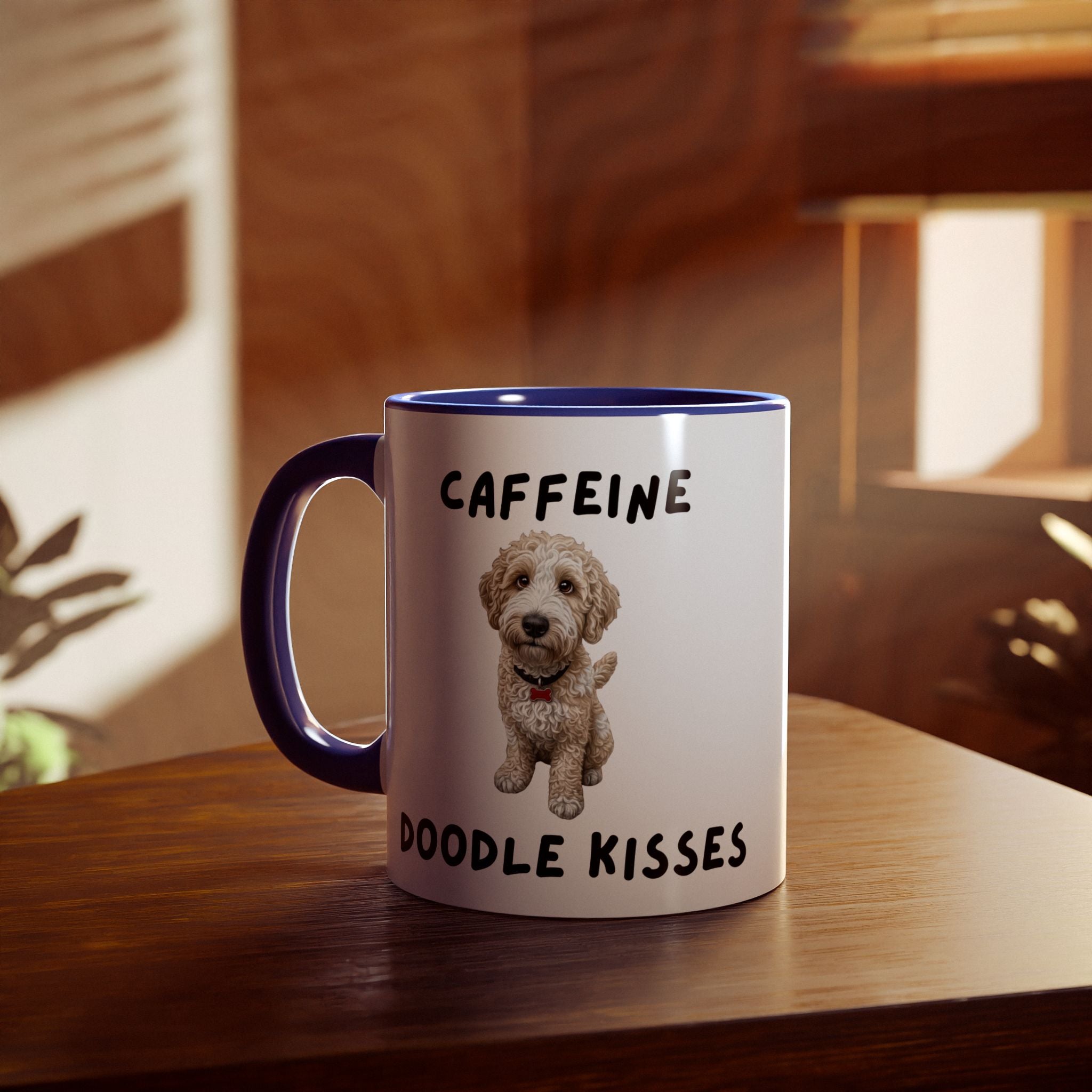 Caffeine & Doodle Kisses Mug — 11oz Accent Coffee Cup with Cream & White Doodle Design
