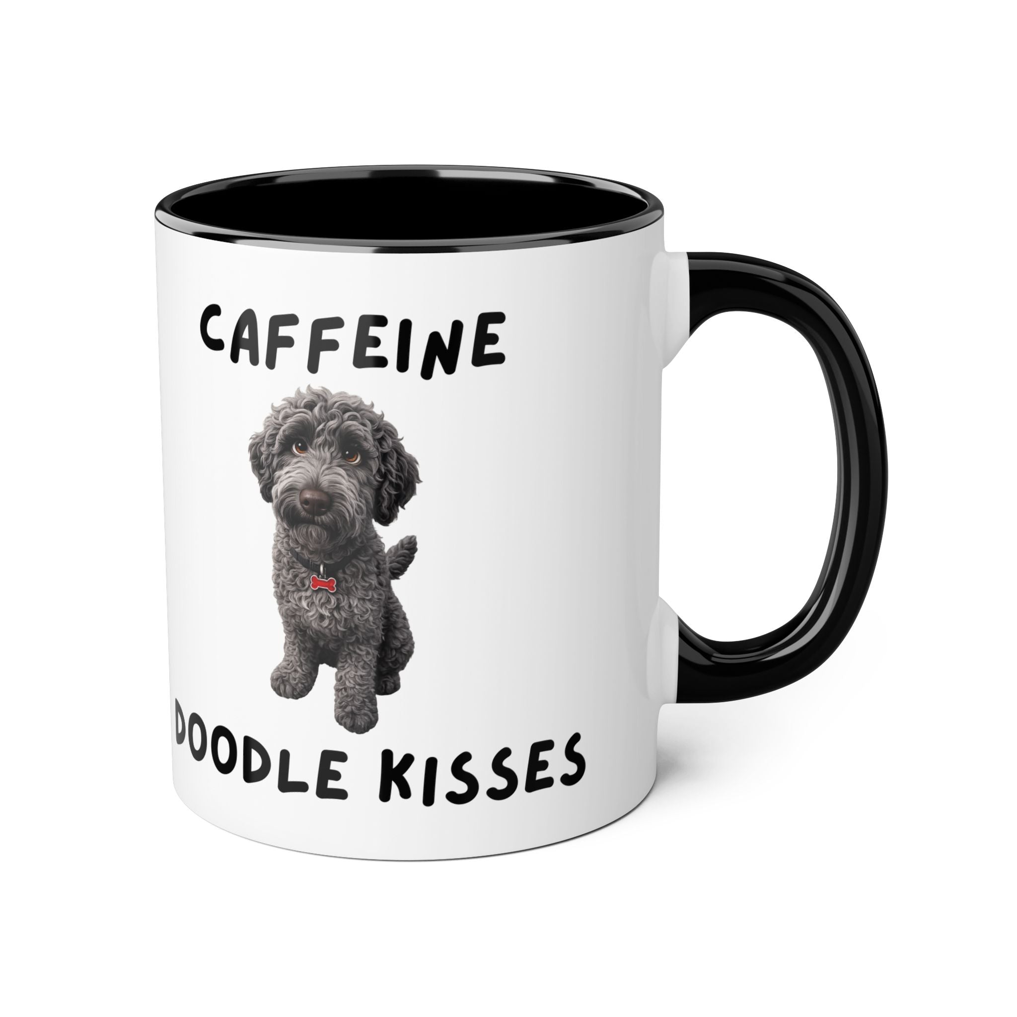 Caffeine & Doodle Kisses Mug — 11oz Accent Coffee Cup with Gray Doodle Design