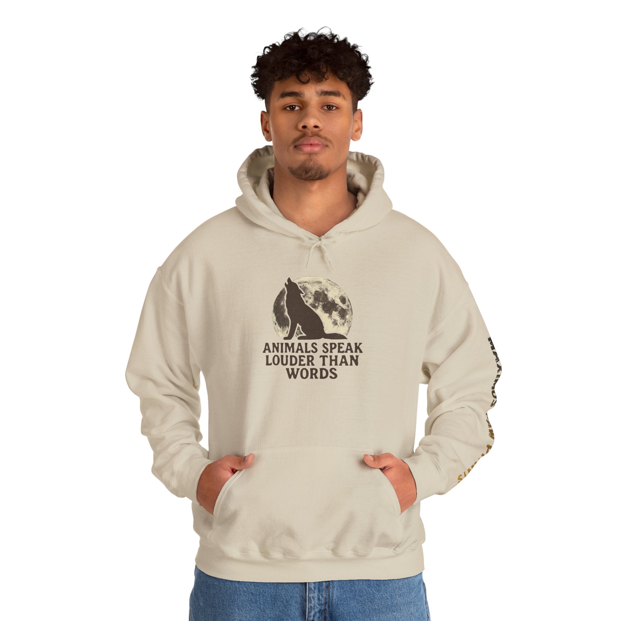 Animals Speak Louder Than Words hoodie featuring a wolf 
howling at the moon, perfect gift for animal and pet lovers