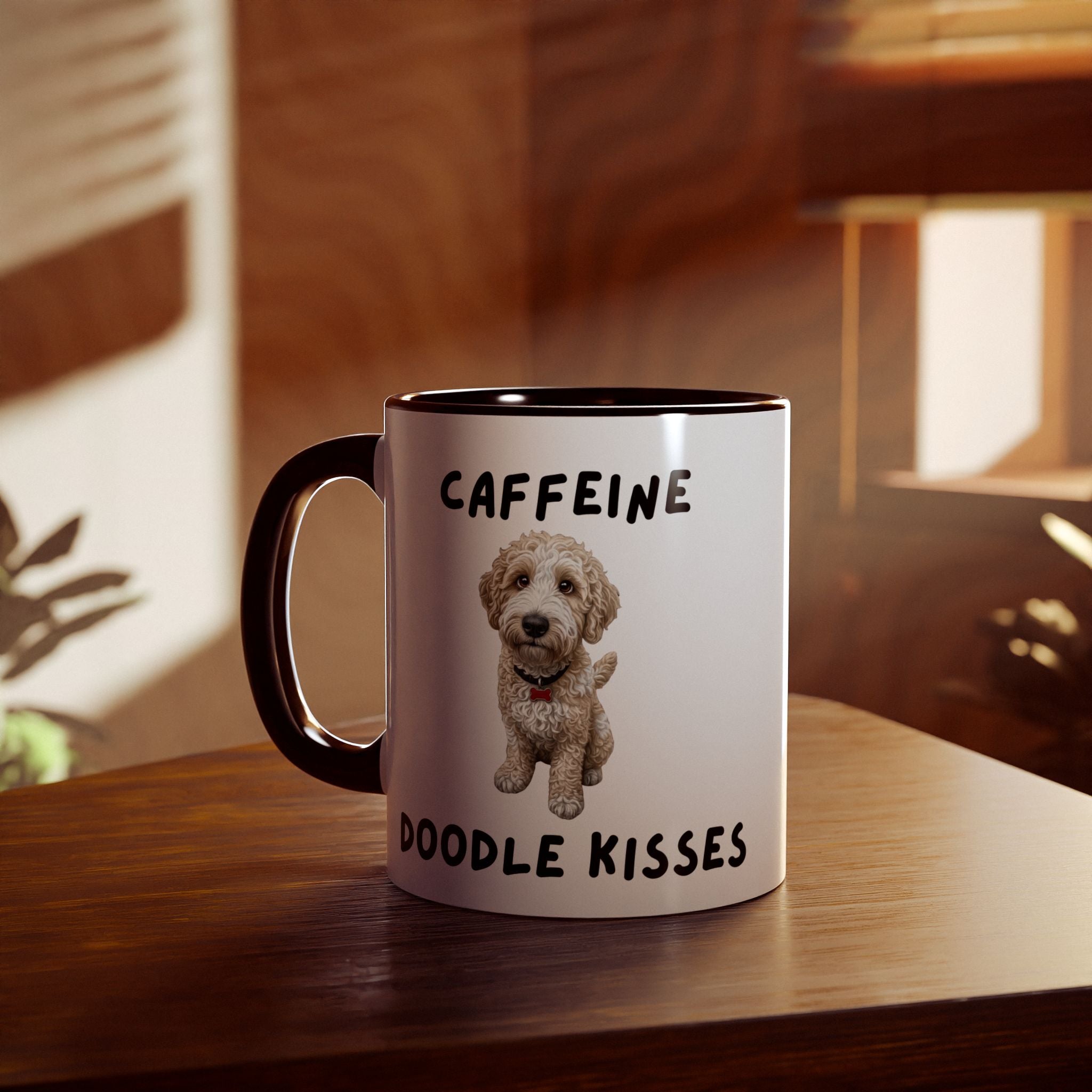 Caffeine & Doodle Kisses Mug — 11oz Accent Coffee Cup with Cream & White Doodle Design
