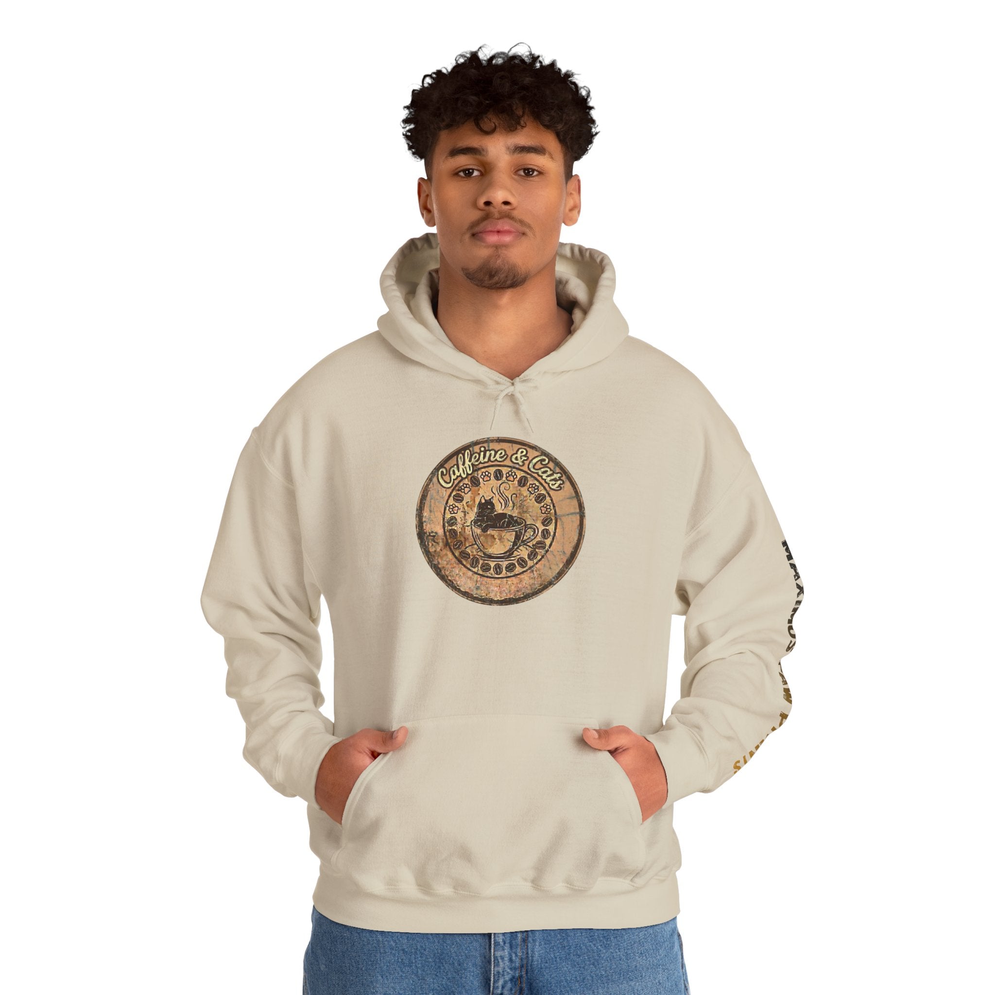 Caffeine and Cats vintage badge hoodie for coffee loving
cat moms and cat parents, funny cat lover sweatshirt