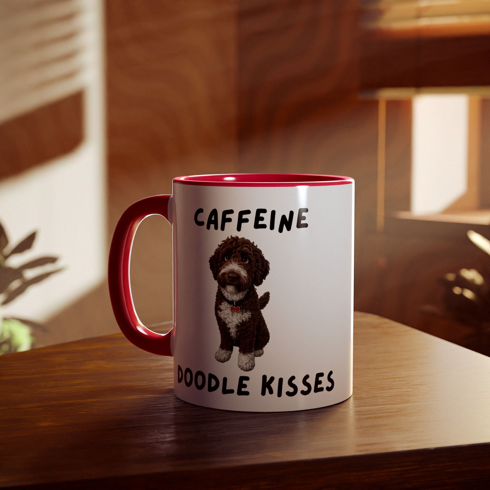 Caffeine & Doodle Kisses Mug — 11oz Accent Coffee Cup with Brown & White Doodle Design