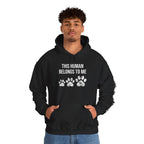This Human Belongs To Me black hoodie with white paw prints,
funny pet lover sweatshirt gift for dog moms and cat moms