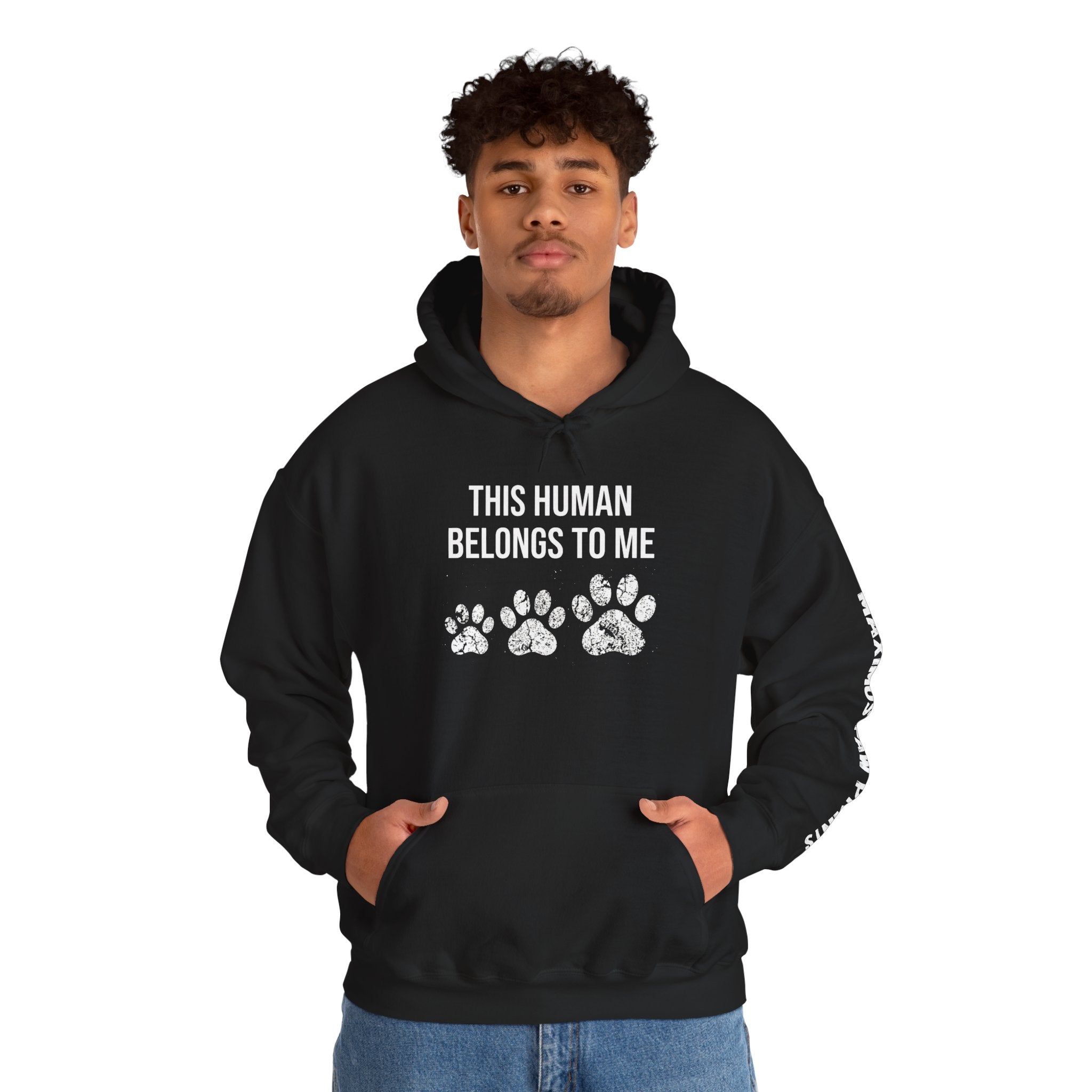 This Human Belongs To Me black hoodie with white paw prints,
funny pet lover sweatshirt gift for dog moms and cat moms