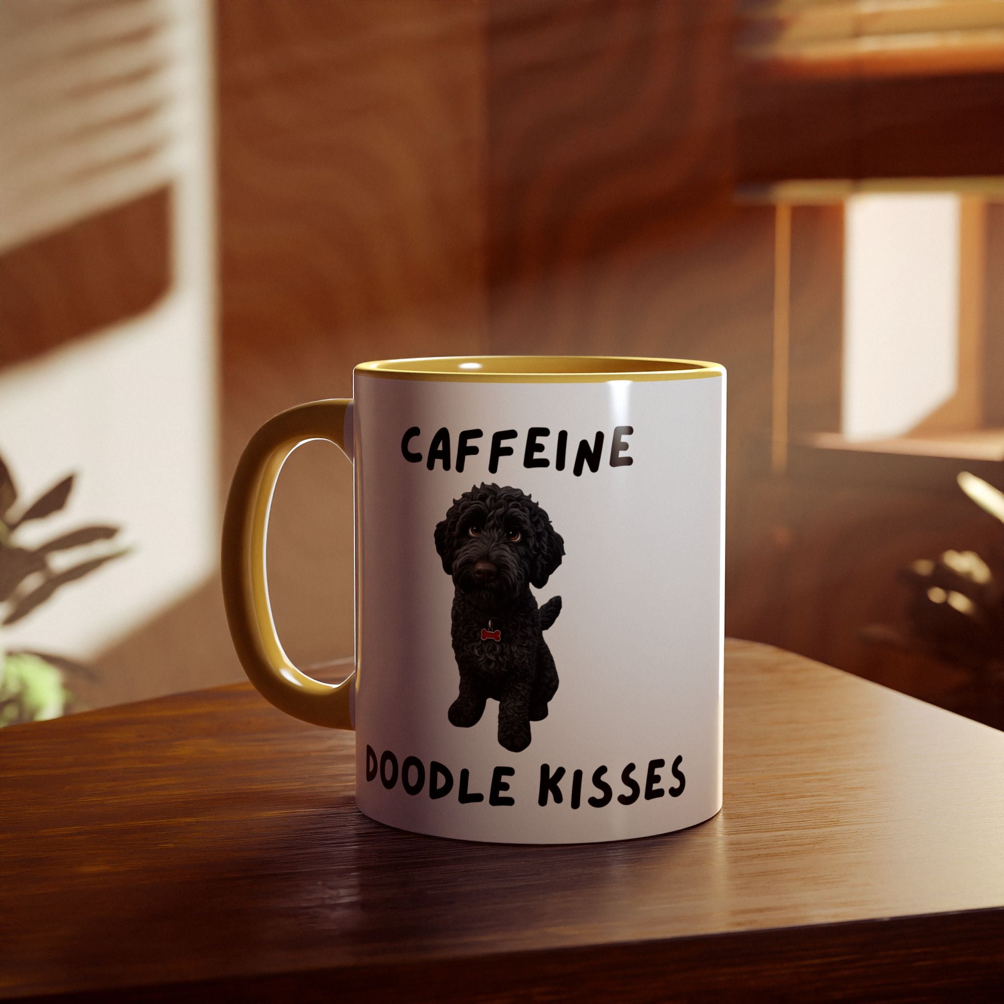 Caffeine & Doodle Kisses Mug — 11oz Accent Coffee Cup with Black Doodle Design
